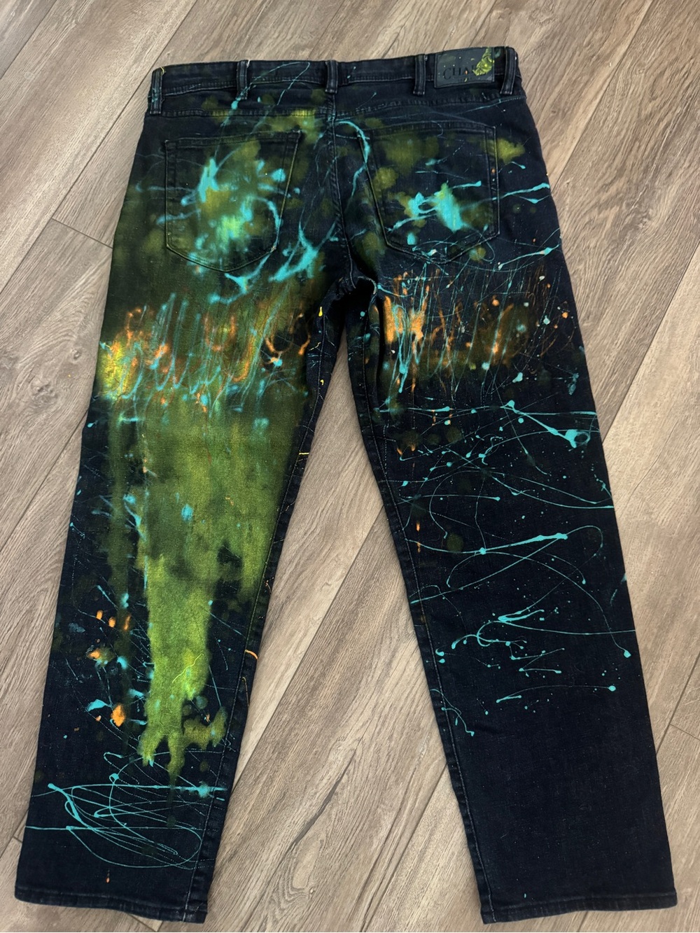 OOAK Hand Painted Chaps Custom Slim Straight Jeans Neon Abstract Art 36x28